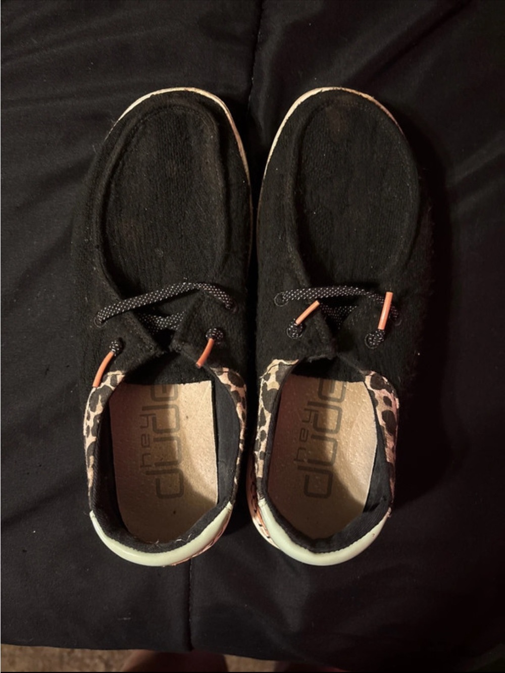 Hey Dude Black Slip-On Sneakers with Leopard Heel and Coral Accents